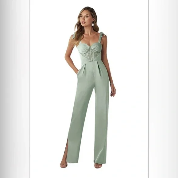 Azazie Raquel Green Lace Corset Satin Dressy Jumpsuit Like New Size 4 - Picture 2 of 11